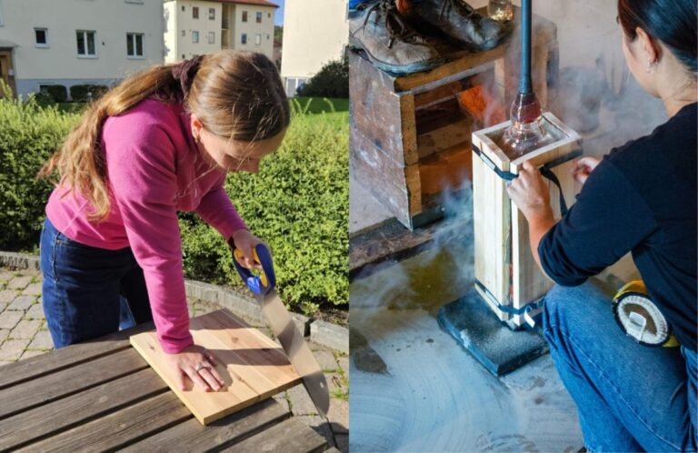 Martina cutting wood for the mould, Darja supporting the mould while it is filled with glass