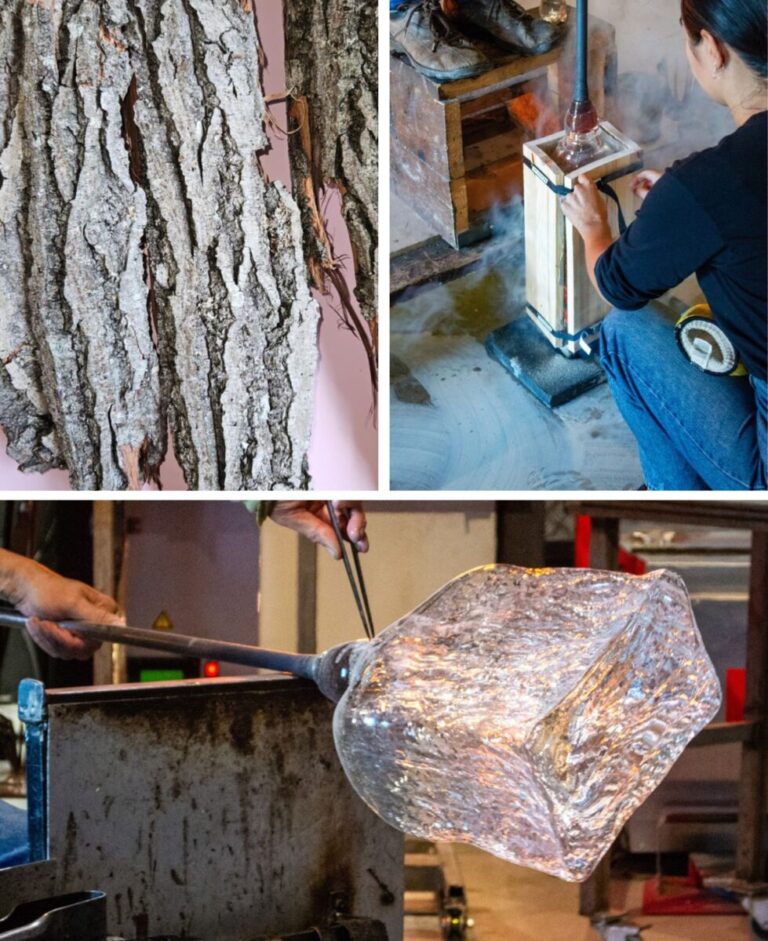 A piece of bark, Darja holding the mould for casting, the glass object fresh out of the mould